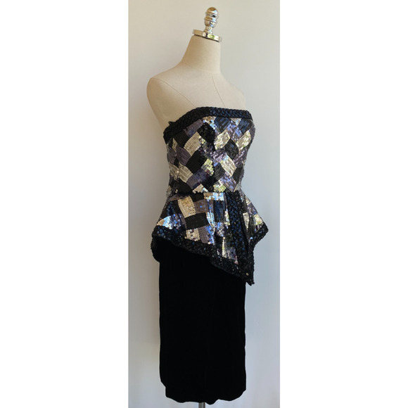 VTG Victor Costa Strapless Black Silver White Sequin & Velvet Formal Dress 6/8 - Picture 2 of 13